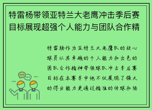 特雷杨带领亚特兰大老鹰冲击季后赛目标展现超强个人能力与团队合作精神